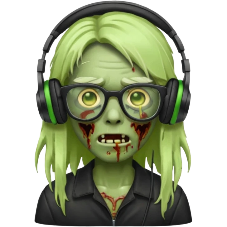 Zombie emoji with a middle long hair part style with black glasses and headphones emoji