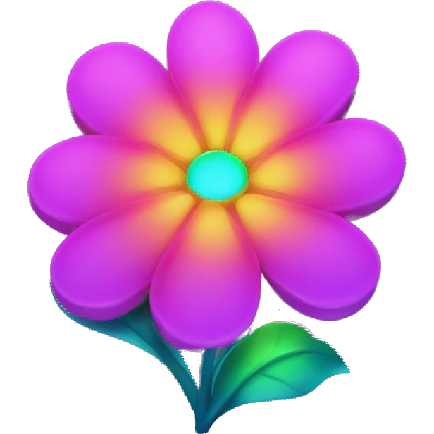 neon flower with glowing petals and a rainbow center emoji