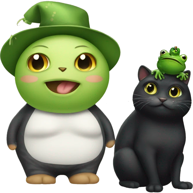 fat black cat with a frog hat  emoji