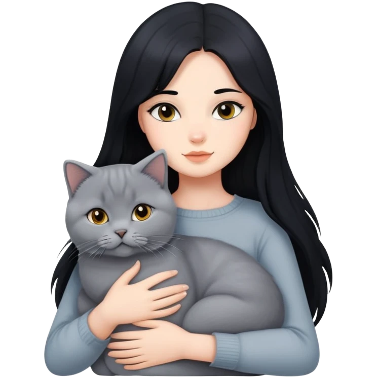 A beautiful girl with long black hair hugs a British Shorthair emoji