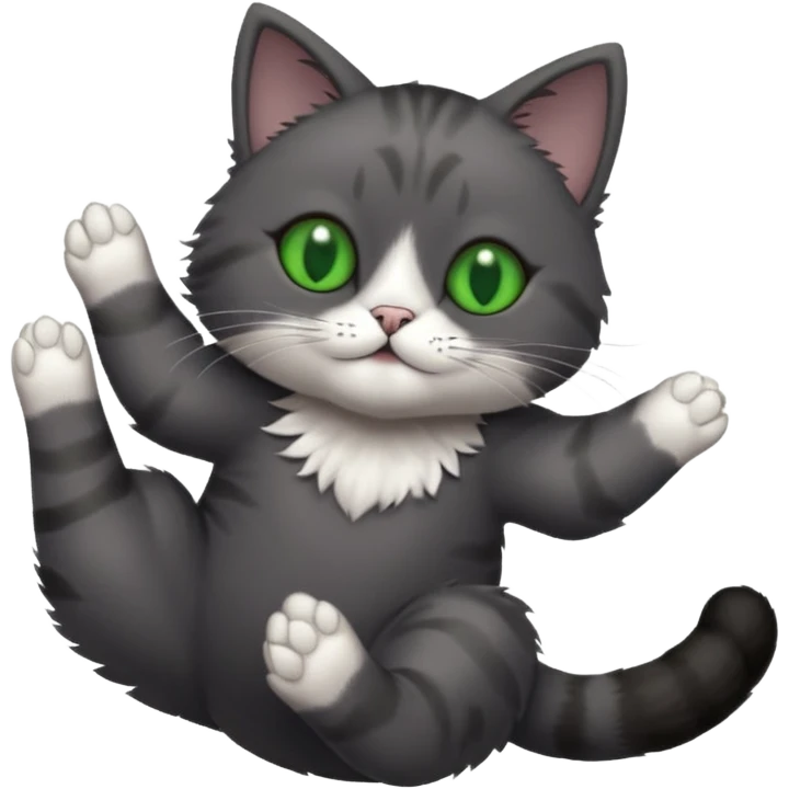 solid dark grey cat with green eyes, completely solid grey face, white toes/paws playing rolling upside down emoji