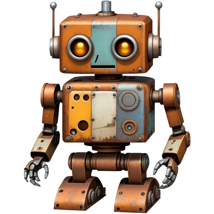 Rusted scavenger robot with patchwork body plates emoji