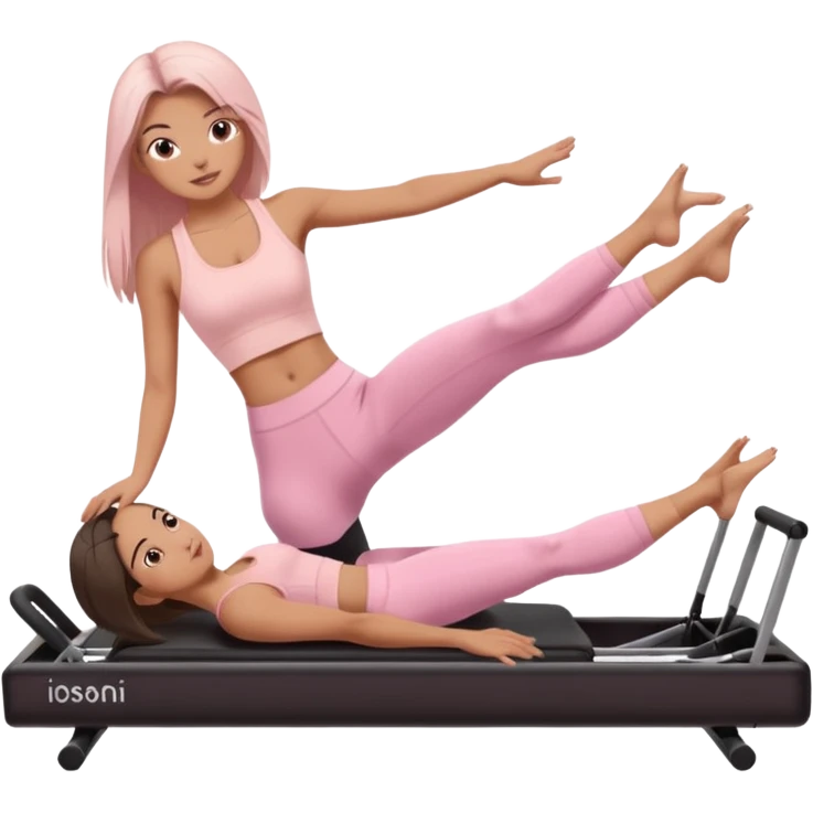 a girl doing reformer pilates, she is wearing a pastel pink fit and she has dark straight and loose hair.  emoji