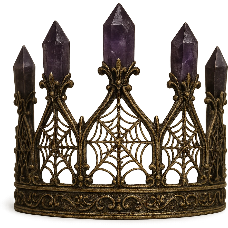 gothic crown in antique brass with amethyst crystals and spiderweb filigree, vintage and spooky emoji