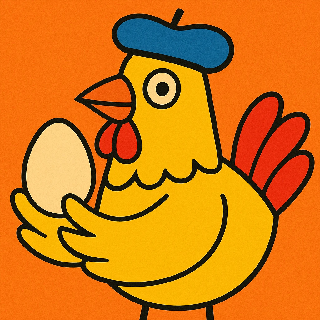a chicken wearing a French beret, holding an egg, fun whimsical style emoji