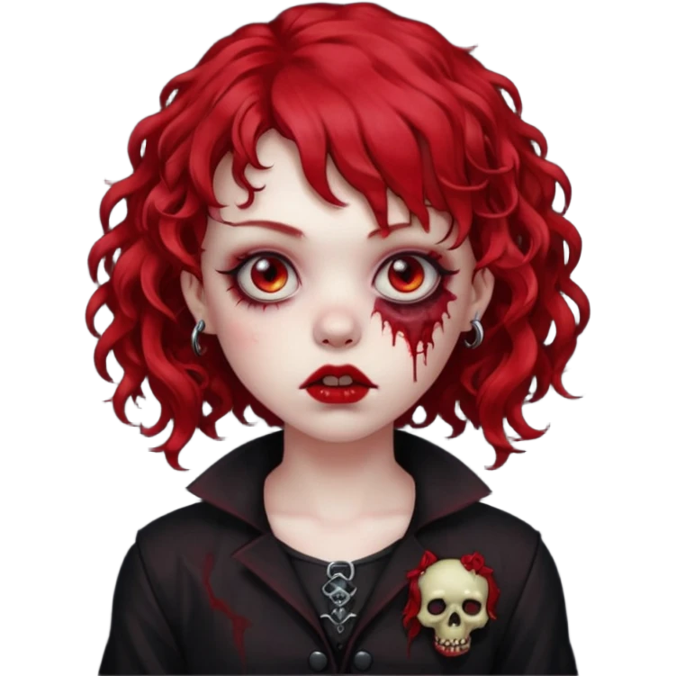 zombie girl red hair cacheado médio e franja, com piercing na boca(labret lateral), roupa gótica  emoji