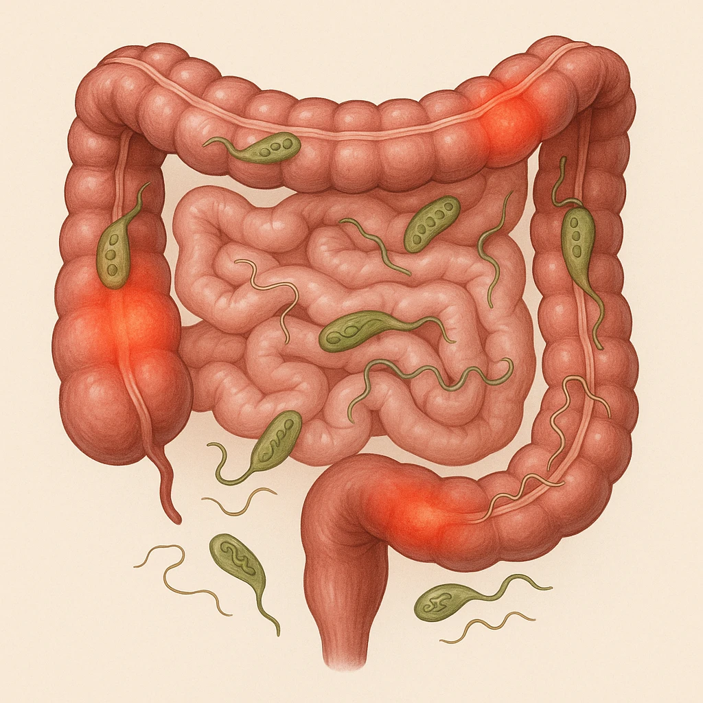 realistic illustration of human intestine, infographic style, visible stylized parasites inside, highlighted inflamed areas, natural colors, light background emoji