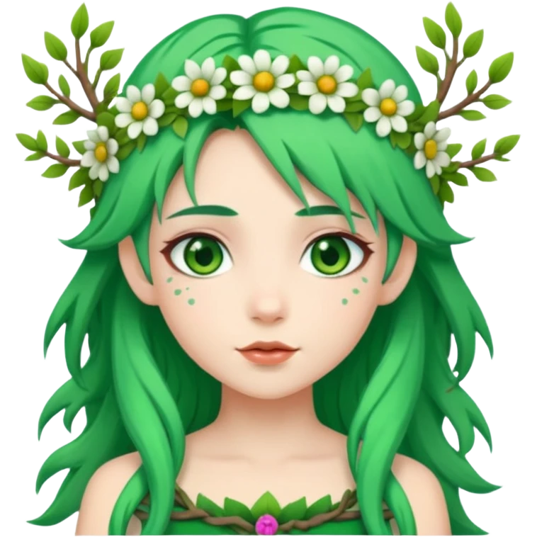 A forest princess with green hair, green eyes, wearing a wreath of flowers and branches emoji