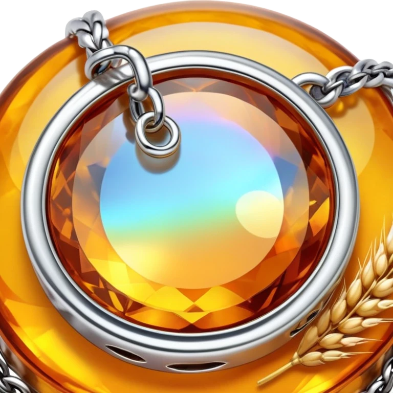 extreme close up of a round cut holographic amber charm with silver metal accent and wheat chain emoji