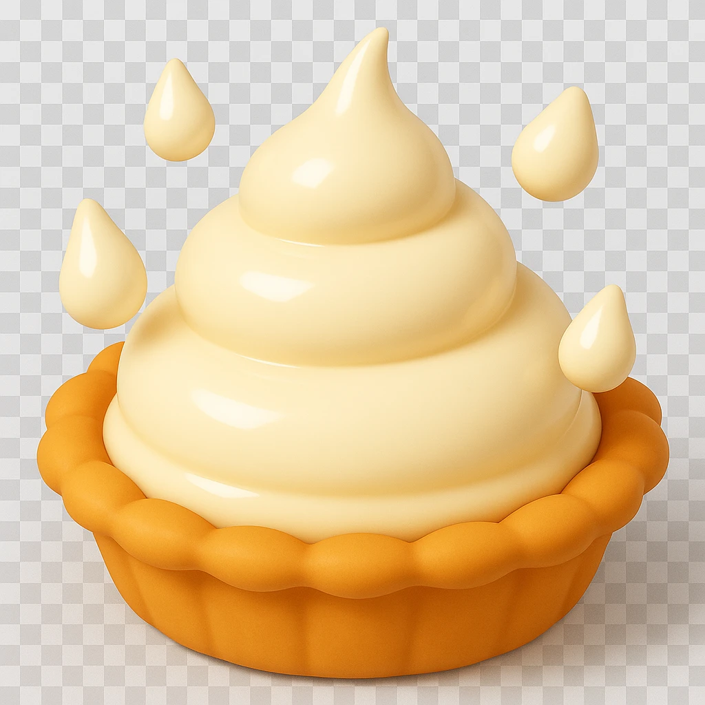 Frame 5 of 15: Cream pie with four cream droplets, playful 3D emoji style, golden brown crust, same angle as reference emoji