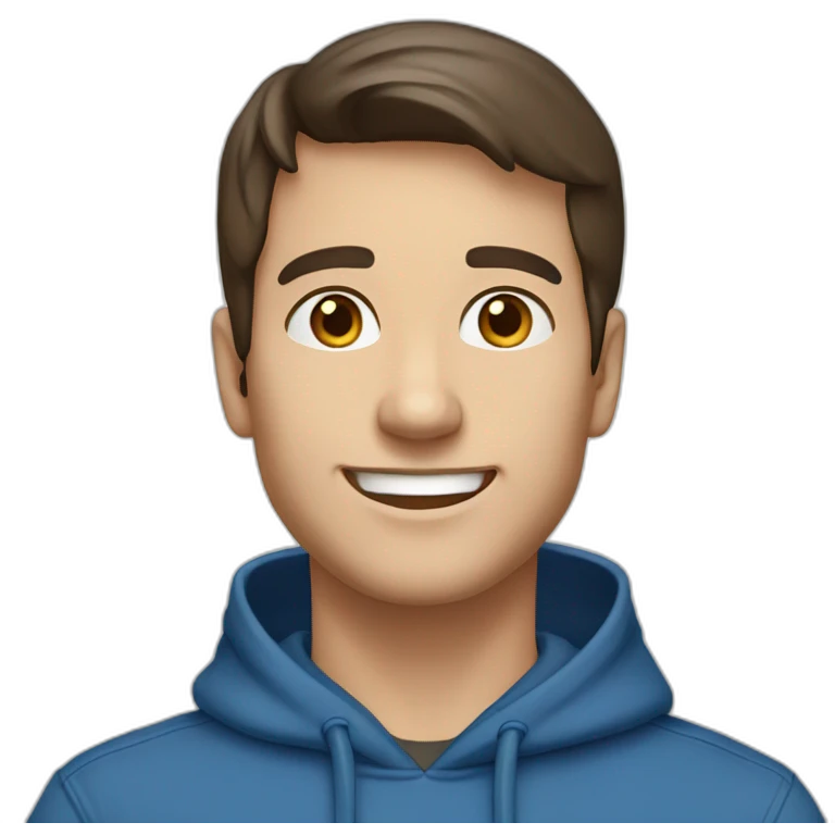caucasian, male, dark brown hair, dark brown eyes, cap, smiling, blue hoodie emoji