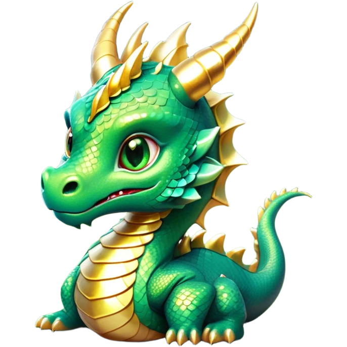 Cinematic Cute Dragon Portrait Emoji, Head tilted playfully and inquisitively, featuring a sleek, serpentine form adorned with iridescent scales that shift between emerald and gold, a delicate set of subtle horns, and round, sparkling eyes full of curious magic; rendered with realistic detail and warm natural light, high shine, affectionate and enchanting, styled with a touch of whimsical fantasy, soft glowing outline, capturing the essence of a mischievous yet lovable dragon that seems poised to slither playfully into your arms! emoji