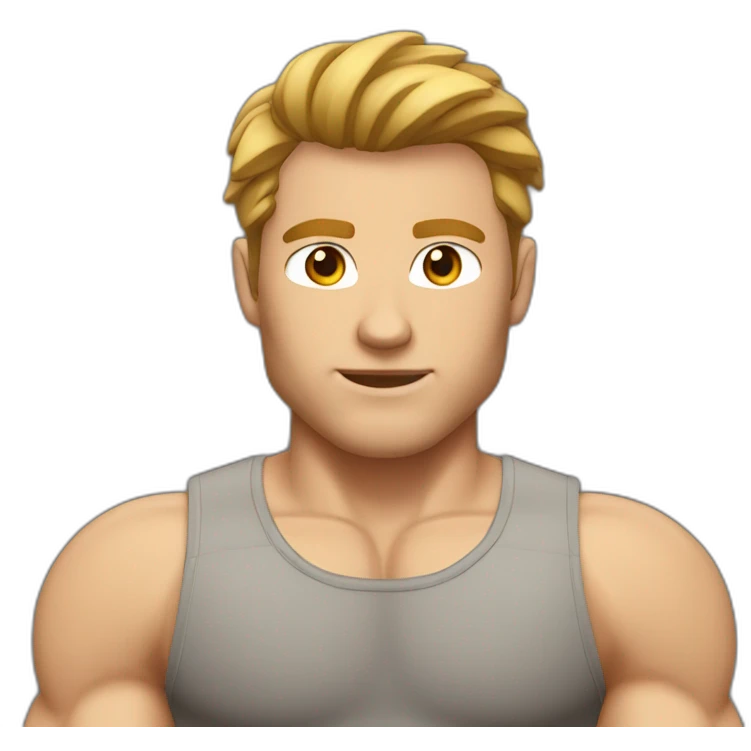 Muscular white man with brown color high volume hair cut wearing gym tshirt emoji