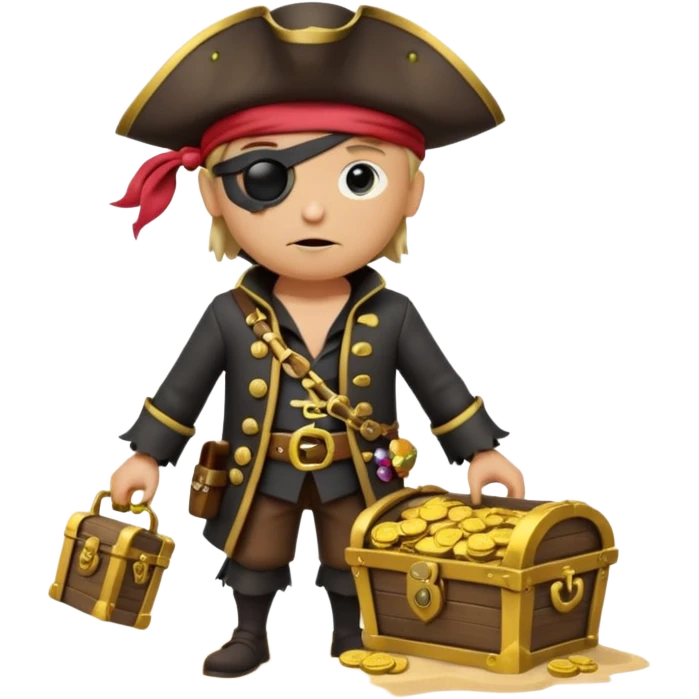 A 3D cartoon pirate character with one eye covered by a black eye patch, holding a treasure chest filled with gold coins and jewels, standing on sandy ground, wearing a pirate hat and coat, warm sunset lighting, realistic Memoji-style rendering. emoji