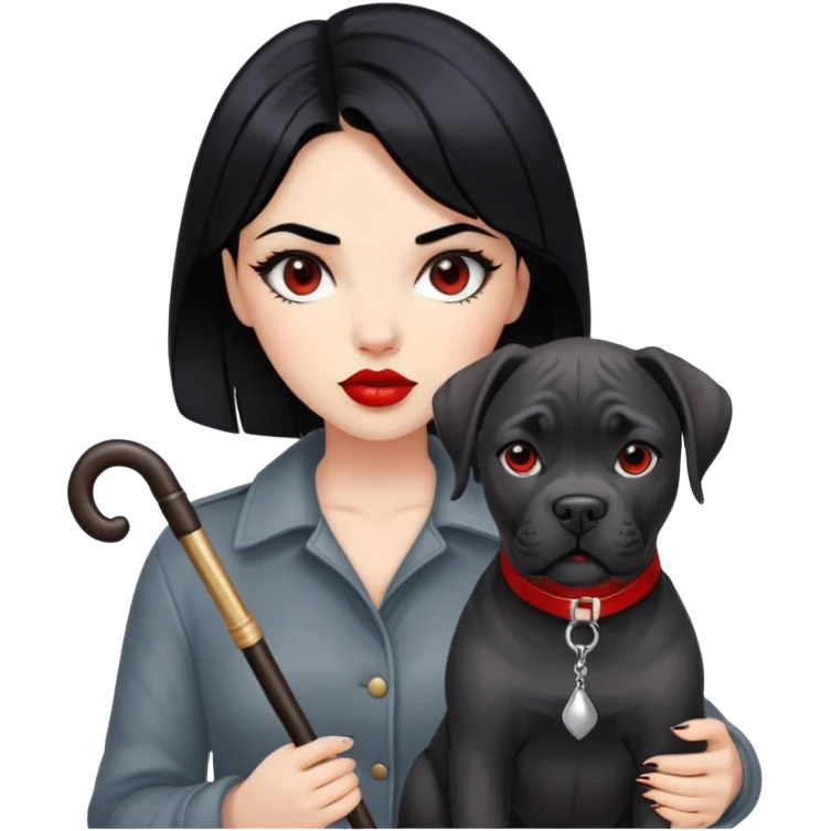Fashionable girl with black hair and red lips with a Cane Corso dog emoji
