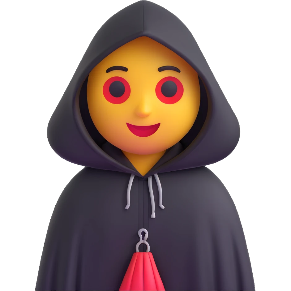 3D emoji of a character with a black hooded cloak, red accents, and a mysterious, shadowy appearance, inspired by the image provided. emoji