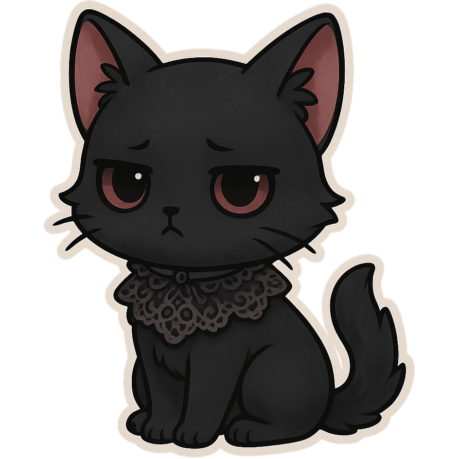 gothic cat with black fur, elegant, subtle lace collar, moody atmosphere, chibi style emoji