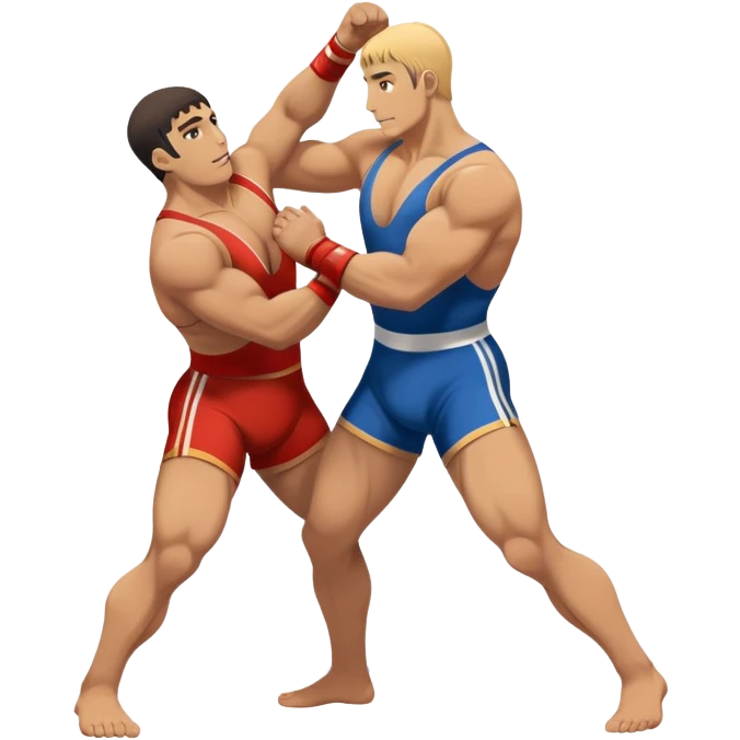 An icon showcasing two wrestlers engaged in a Greco-Roman wrestling match. The athletes are locked in a strong clinch, using their upper bodies to dominate. The background features a wrestling mat and traditional Greco-Roman elements. Transparent background. emoji