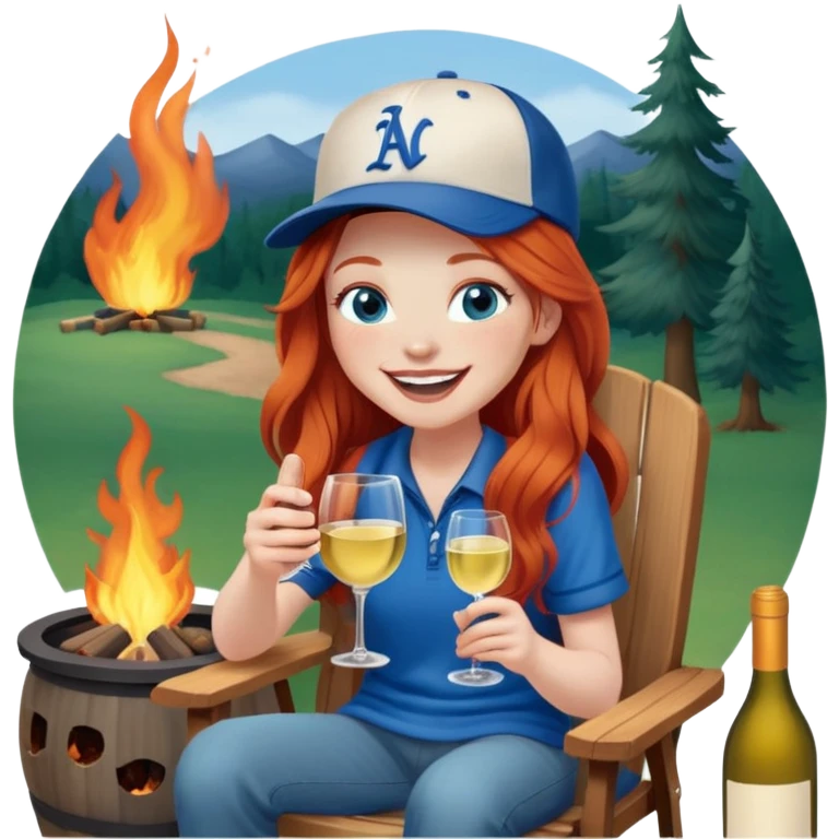 Laughing redhead with long hair and blue eyes wearing baseball cap holding white wine sitting in chair beside fire pit emoji
