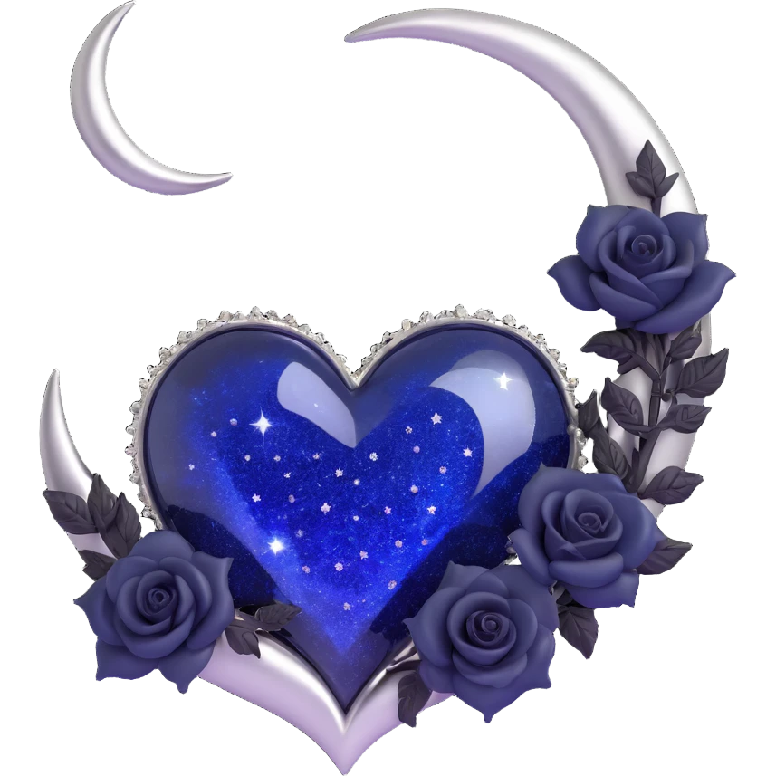 gothic heart, midnight blue glass, silver crescent moon, tiny black roses, shimmering stardust, crystalized texture emoji
