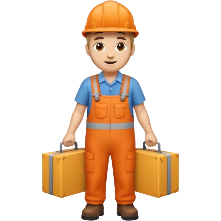 emoji style railway engineer full body in orange overalls, carrying a box in front of them emoji