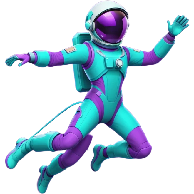 Stylized futuristic astronaut in mid-flight pose, sleek purple and neon teal suit, flat vector design, heroic silhouette, dynamic diagonal motion lines emoji