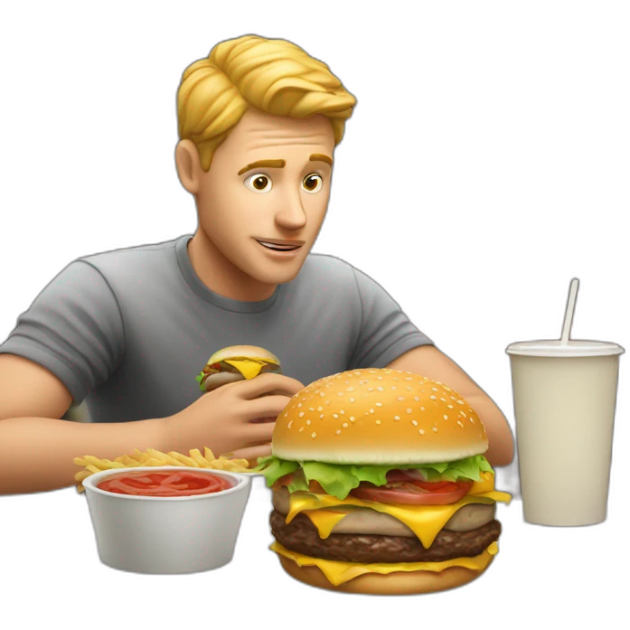 White Men eat a burger in restaurant and getting more and more emoji