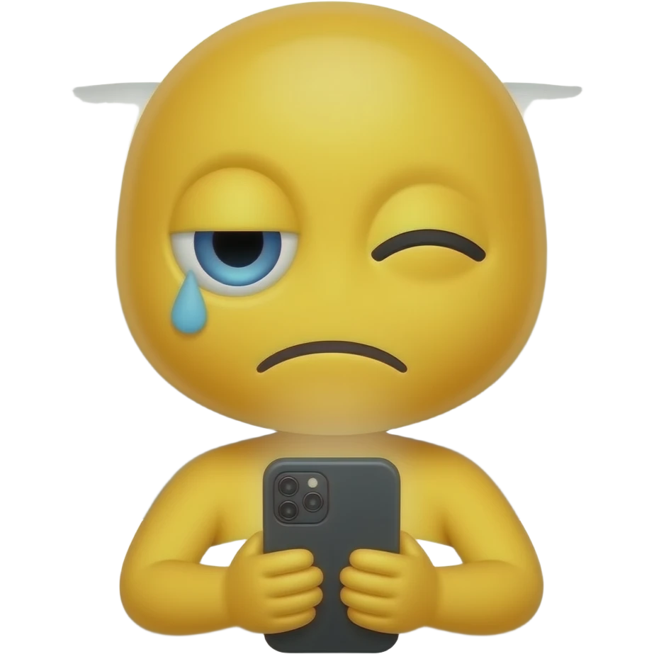 Cute & funny good morning yellow emoji face that just woke up but looks tired and has only one eye open and the other eye shut checking phone messages in bed emoji