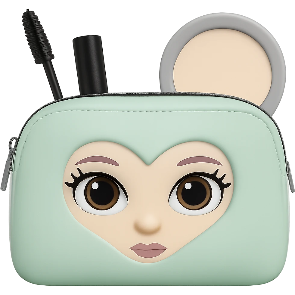 Create an image of a small makeup bag with mascara and compact peeking out. The bag should be pastel colored and styled like an emoji. The background should be removed, isolating the subject clearly. emoji