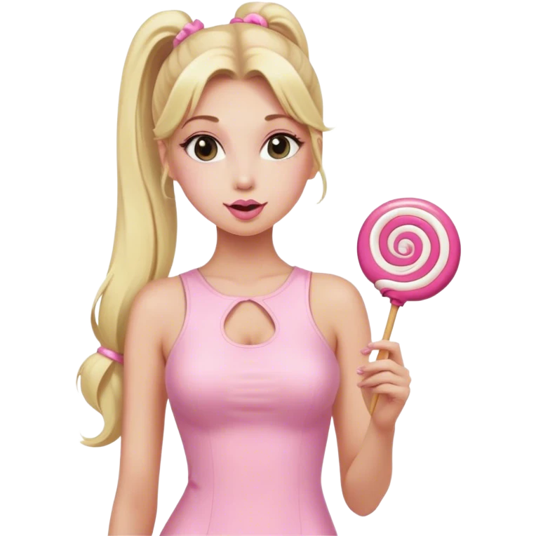 Beautiful woman with long blonde ponytails wearing light pink bodycon dress holding a lollipop emoji