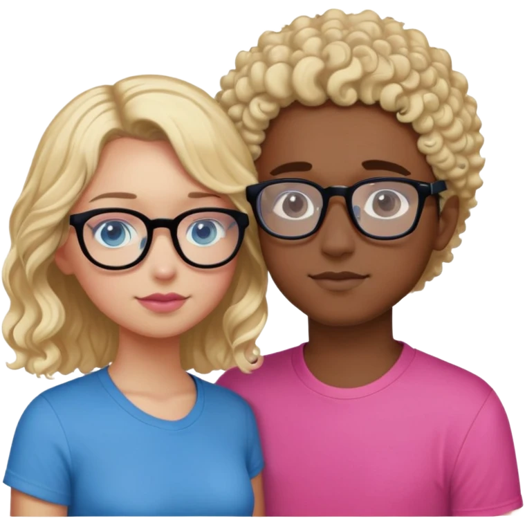 intimate moment between lovers boy with blonde hair black glasses and blue eyes and a black shirt, Girl with a mixed skin tone, dark brown curly hair, pink glasses, and a pink shirt emoji