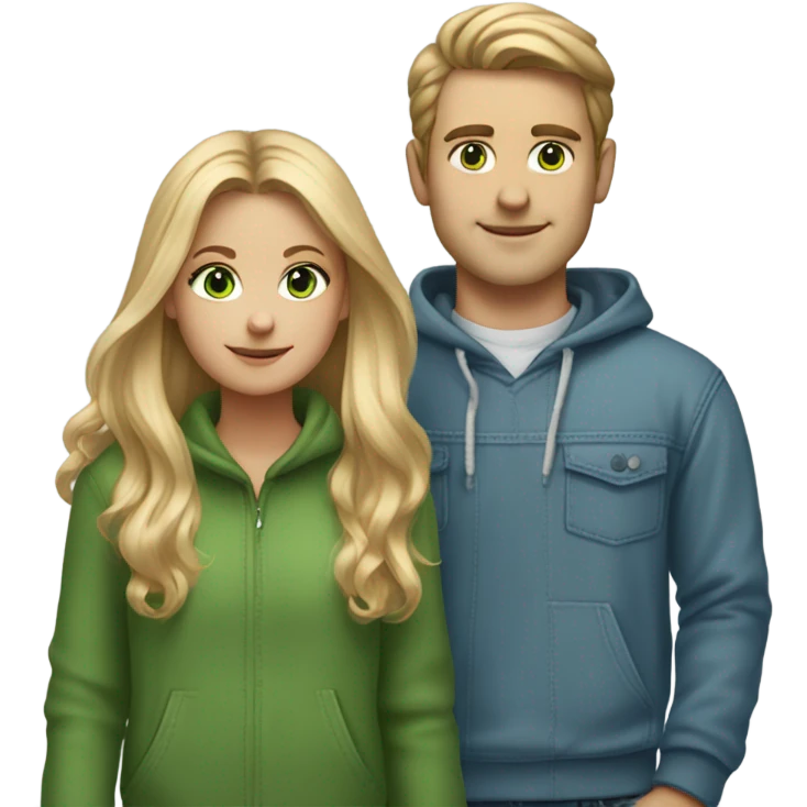blonder long hair girl portrait green eyes holding hands with man with white and brown mixed colored hair both wearing blue jeans and cozy sweatshirts emoji