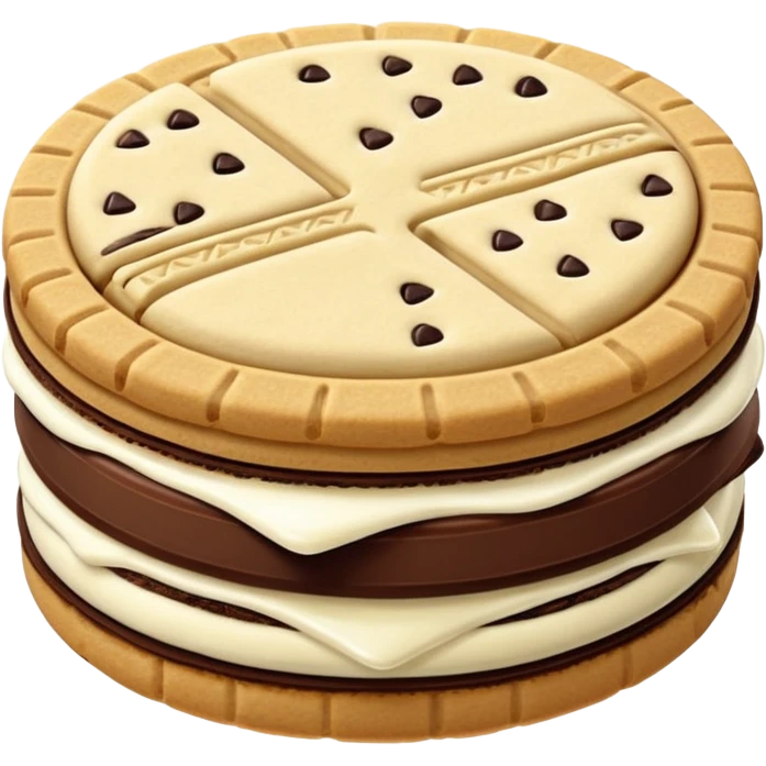single sandwich cookie with two dark chocolate wafers and thick white cream layer in between, detailed embossed texture on surface, clean edge, slight gloss on cream, soft lighting, subtle shadows, emoji scale emoji