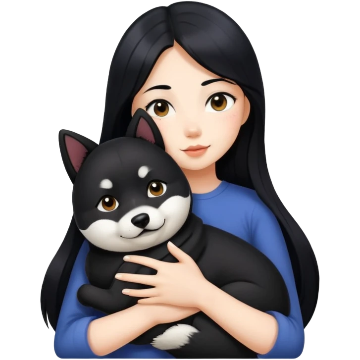A beautiful girl with long black hair hugs a black Shiba Inu emoji