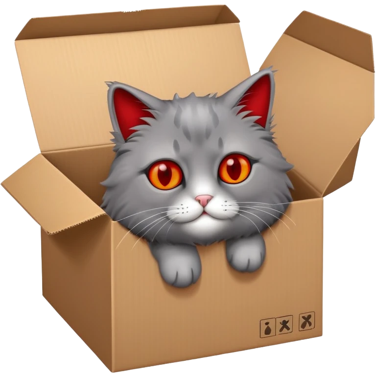 schrodinger's cat in cardboard box with red x'es for eyes emoji