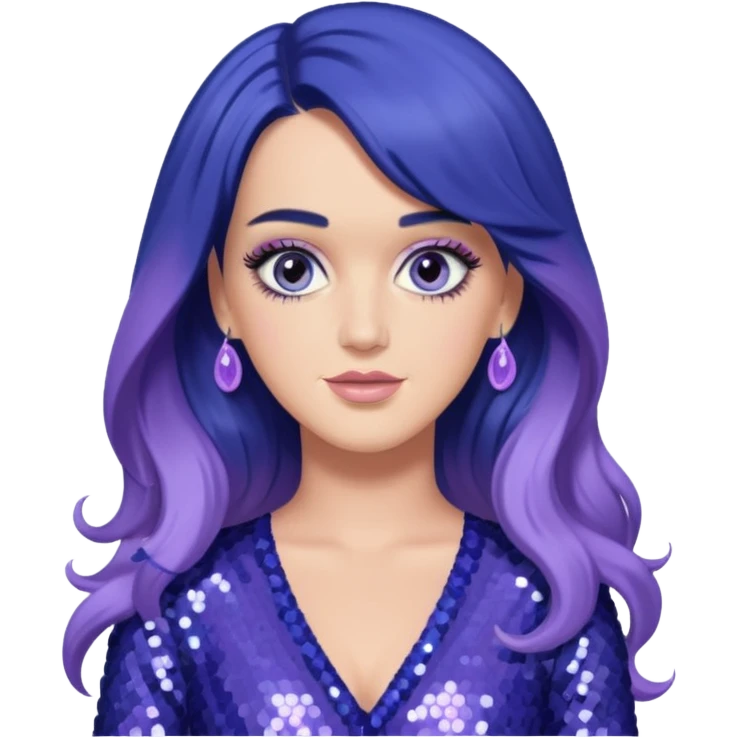 Katy Perry with long indigo hair,  lavender sequin outfit emoji