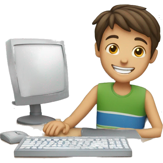 A boy in front of the computer who is happy  emoji