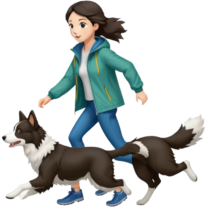 A beautiful girl with fair skin wearing a windbreaker chasing a Border Collie emoji