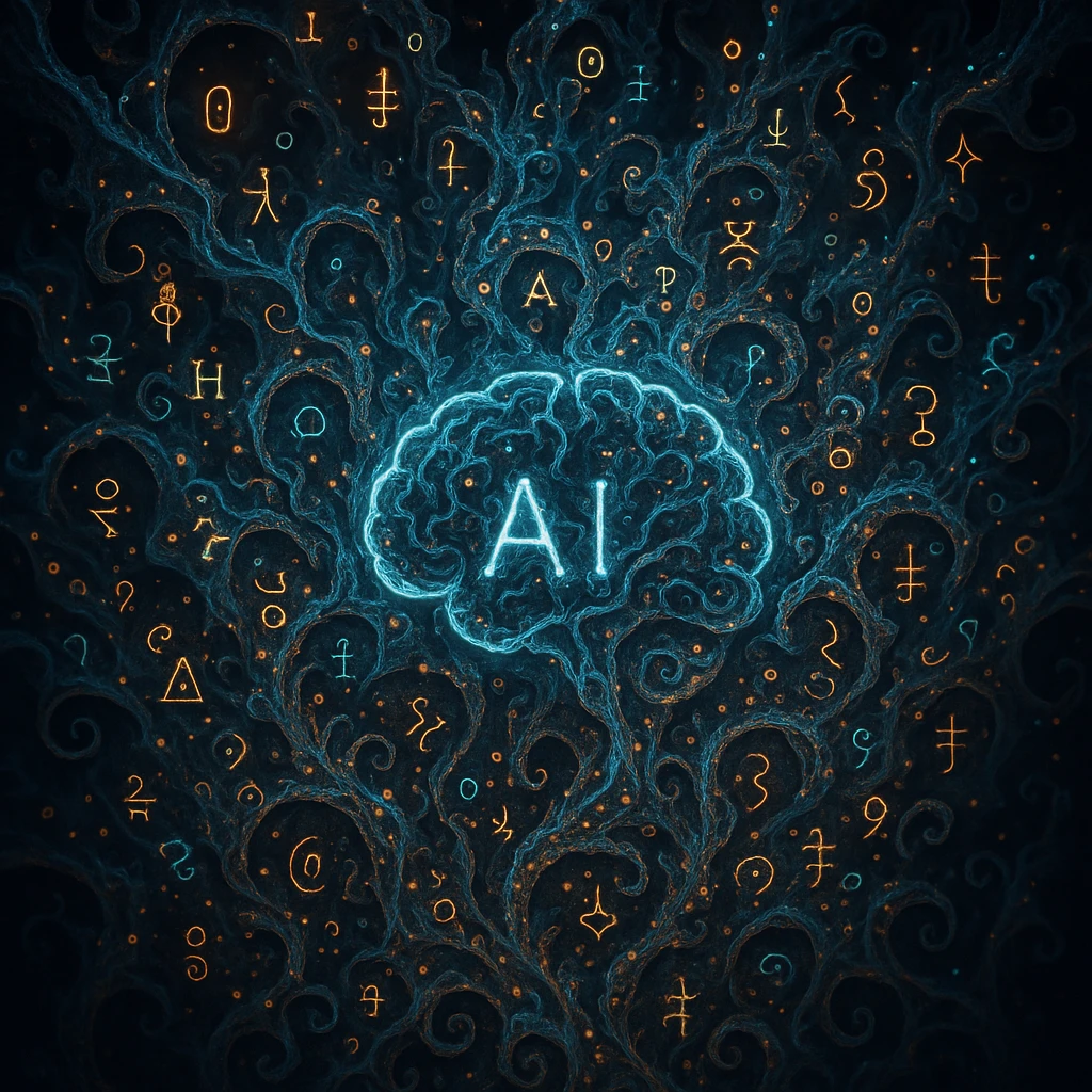 AI visualized as a shifting fractal intelligence with glowing symbols and incomprehensible forms emoji