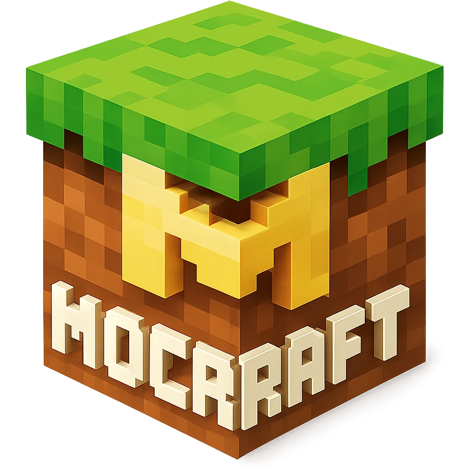 icon for a Minecraft server called Mocraft, 3D voxel style, grassy block with subtle M shape, no text emoji