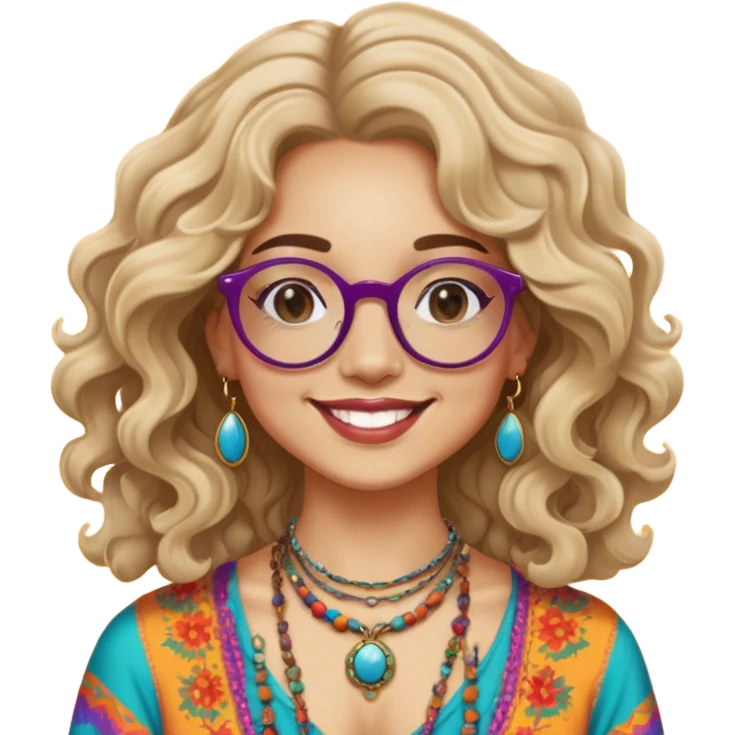 a portrait of janis joplin, with wavy hair, round glasses, and a warm smile. she wears bohemian jewelry and colorful clothing, capturing her iconic 60s vibe against a vibrant background. emoji