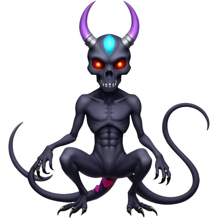 Shiny Horned Futuristic Badass Demonic Spectral Dusky Spooky Skull-faced Cool Hot Stylish Handsome Alien-Salandit-Darkrai-Genesect-Fakémon-fusion (full body) emoji
