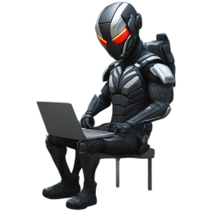 developer behind his laptop with this style : Crytek Crysis Video game with nanosuit character hacker themed character emoji