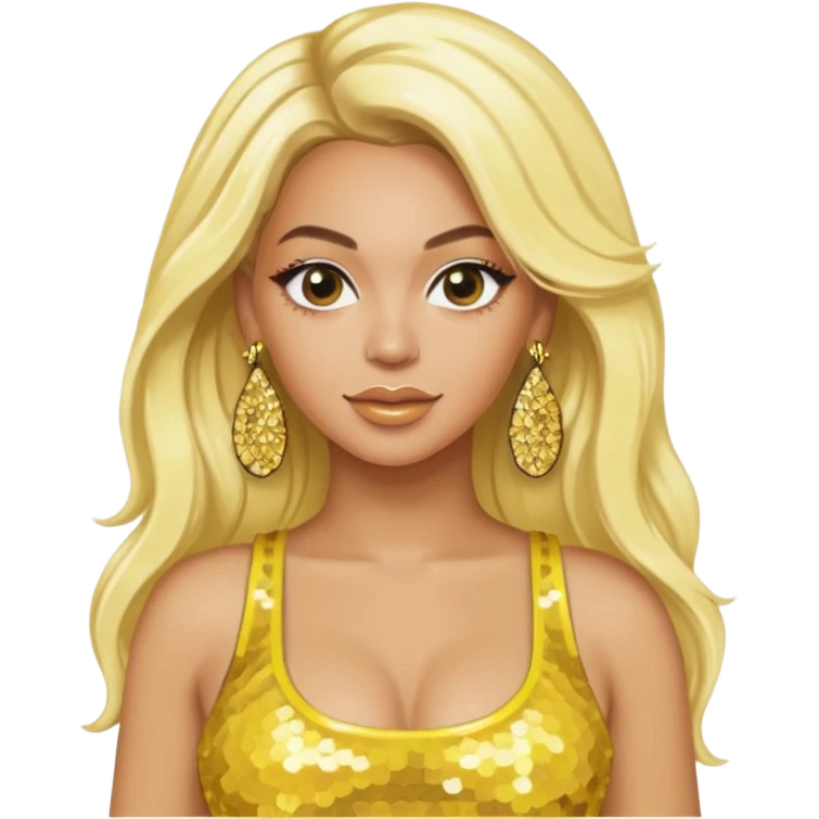 Beyonce with long platinum blonde hair, yellow sequin crop top, yellow earring emoji