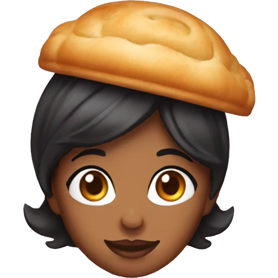 black haired woman wearing pastry hat emoji