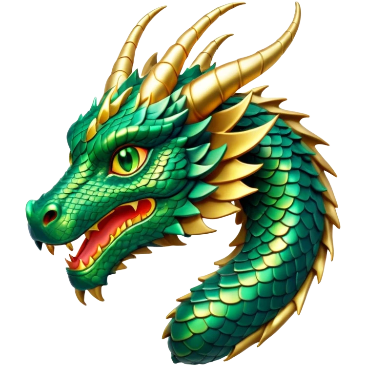 Cinematic Noble Dragon Portrait Emoji, Poised and majestic, with a sinuous, elongated body covered in intricately detailed, shimmering scales in hues of emerald and gold, and piercing, fiery eyes that reflect ancient wisdom; rendered with lifelike texture and natural highlights, high shine, intelligent and formidable, styled with an aura of mythic power, focused and attentive, soft glowing outline, capturing the essence of a legendary dragon that appears ready to soar out of the screen with timeless authority! emoji