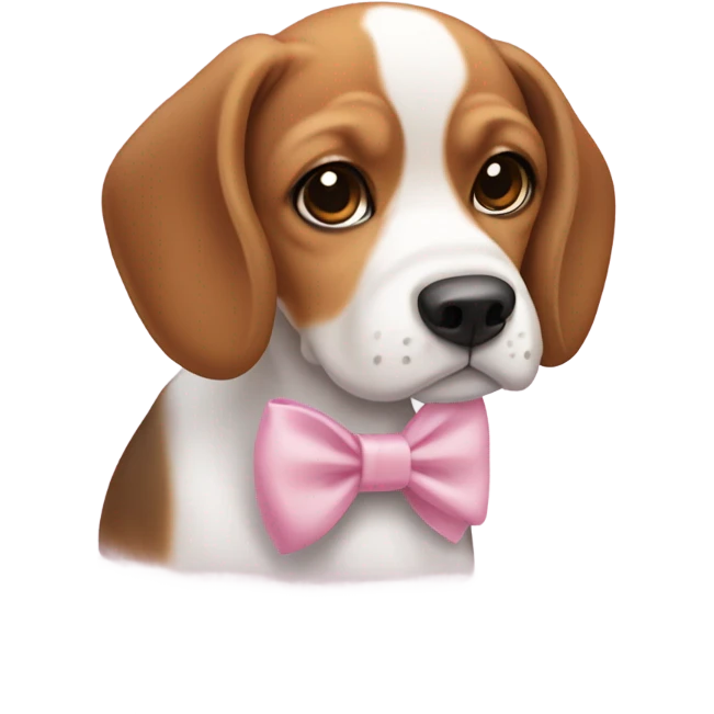Cute beagle dog with short ears and is medium brown and white that's cute and a little chubby that is really cute that has a cute little baby pink bow on  emoji