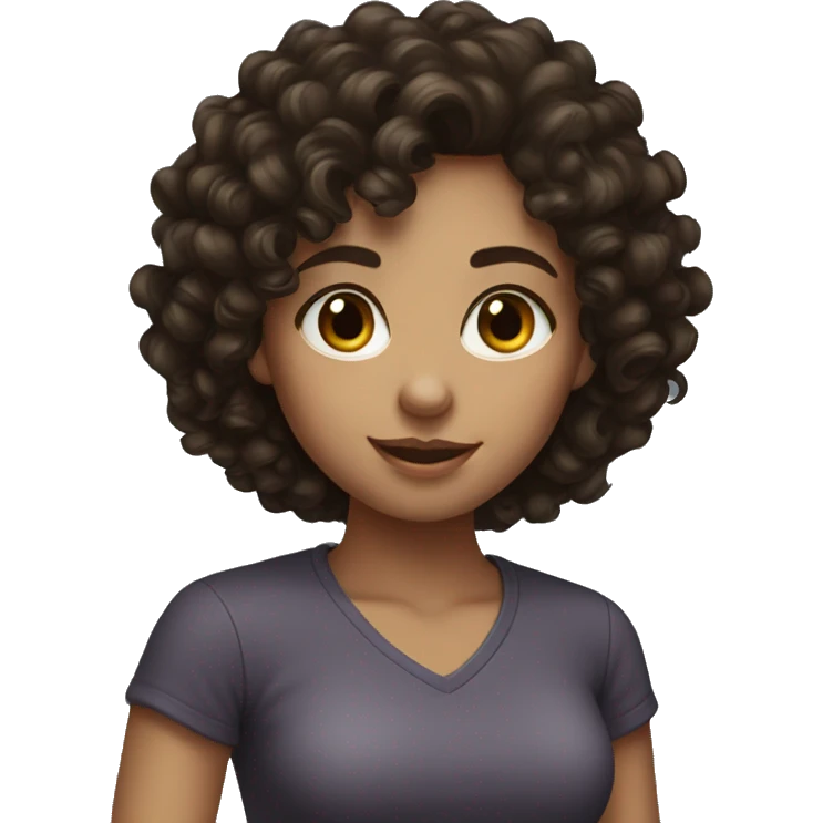 A girl with dark brown curly hair and  emoji