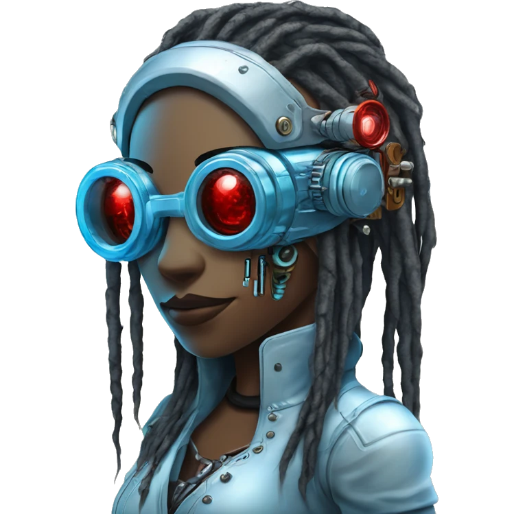 Light blue long dreadlocks female cyborg head with red steampunk goggles and circuits emoji