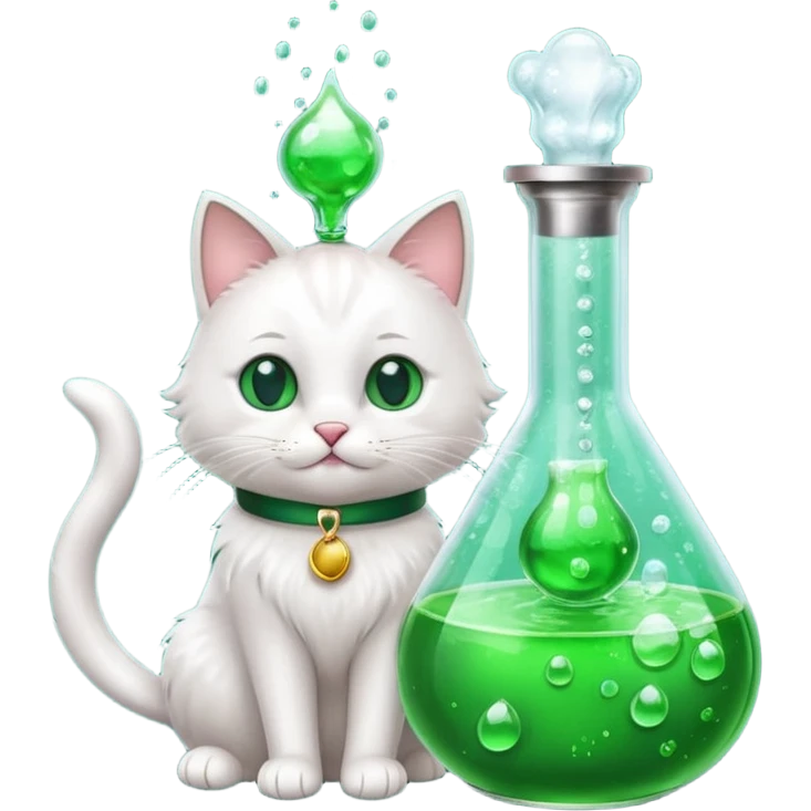 Sleek cat wearing a white coat, paw on a bubbling flask. emoji